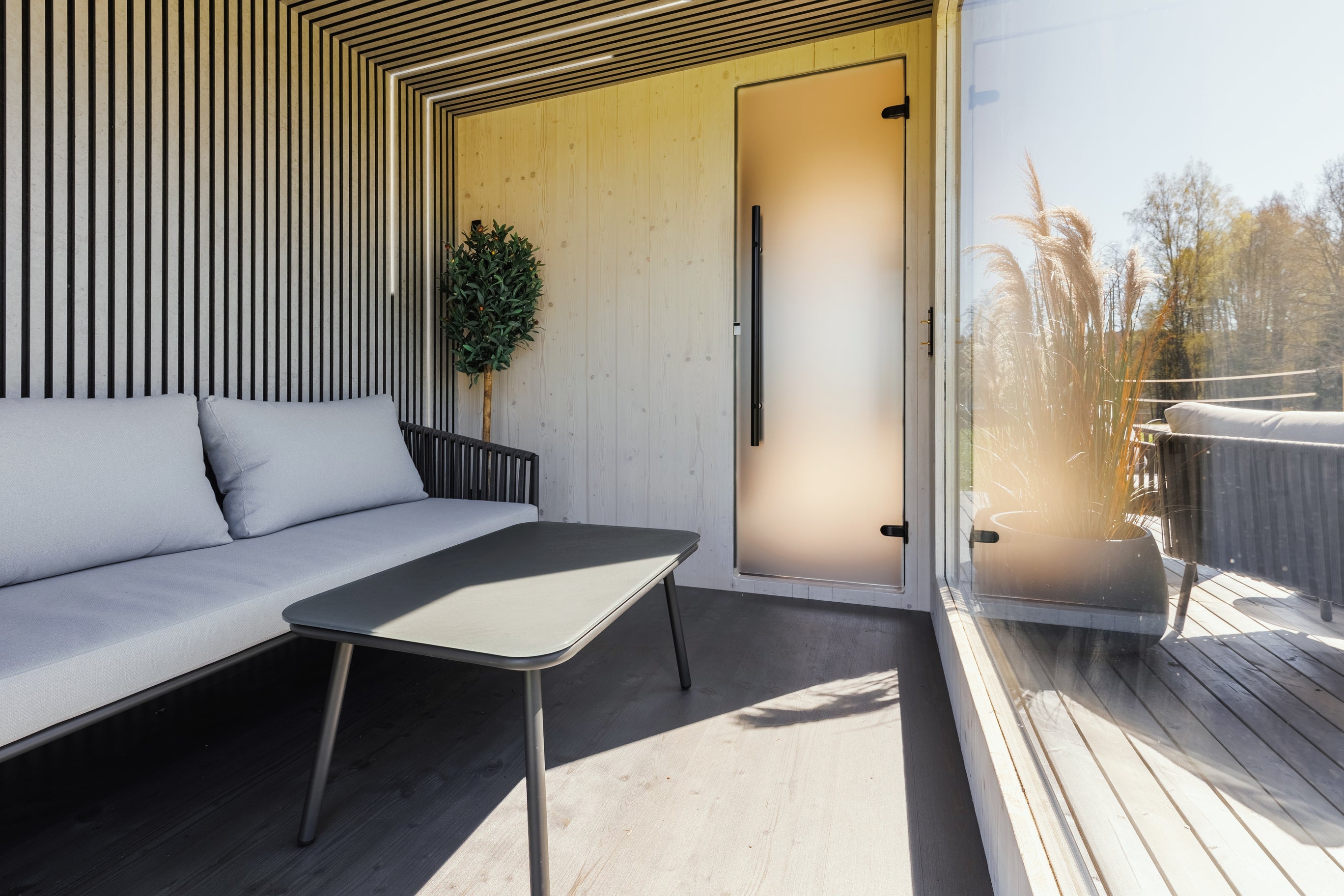 Genevas St. Moritz Pre-Assembled Outdoor Sauna with Lounge & Shower Cabin