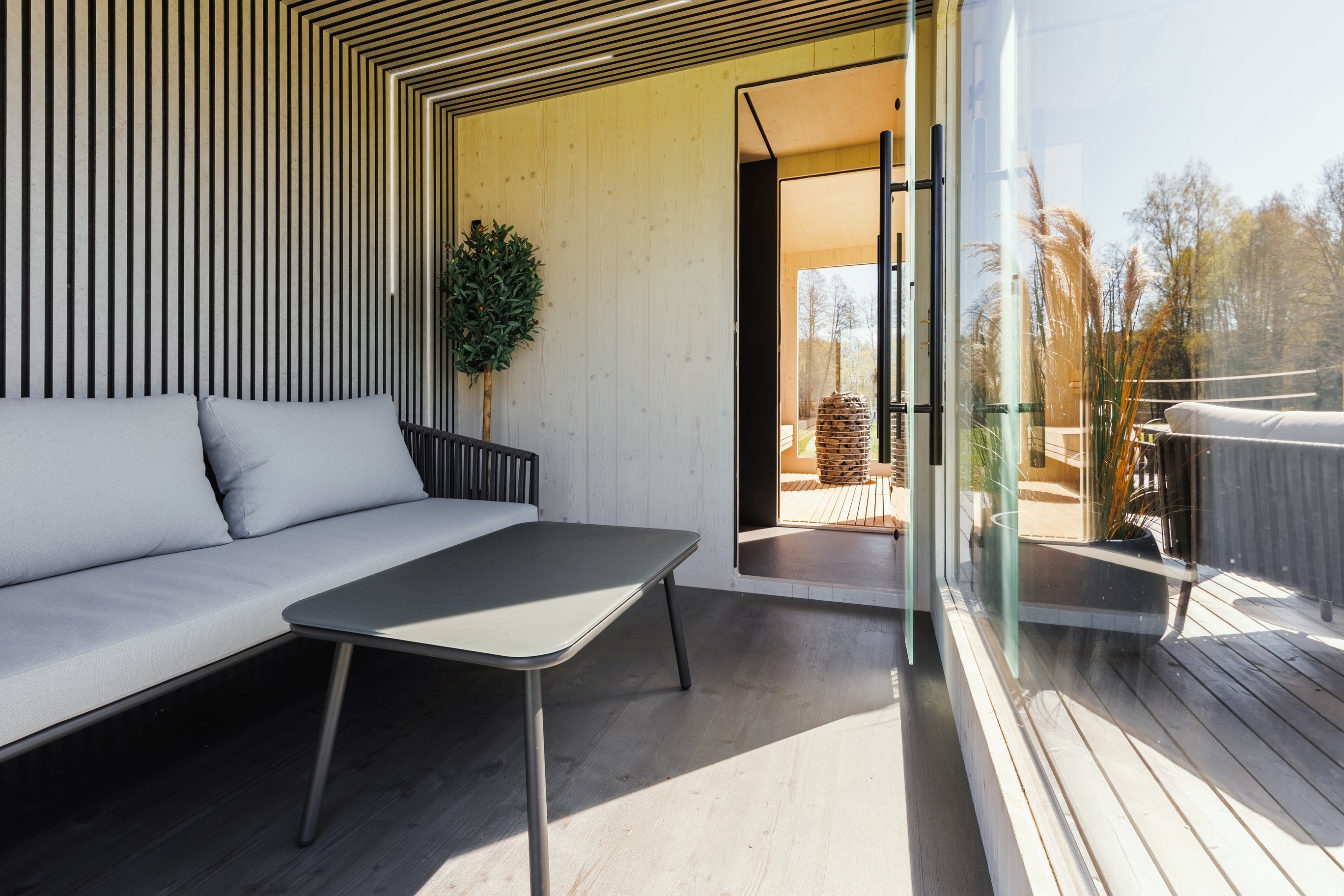 Genevas St. Moritz Pre-Assembled Outdoor Sauna with Lounge & Shower Cabin