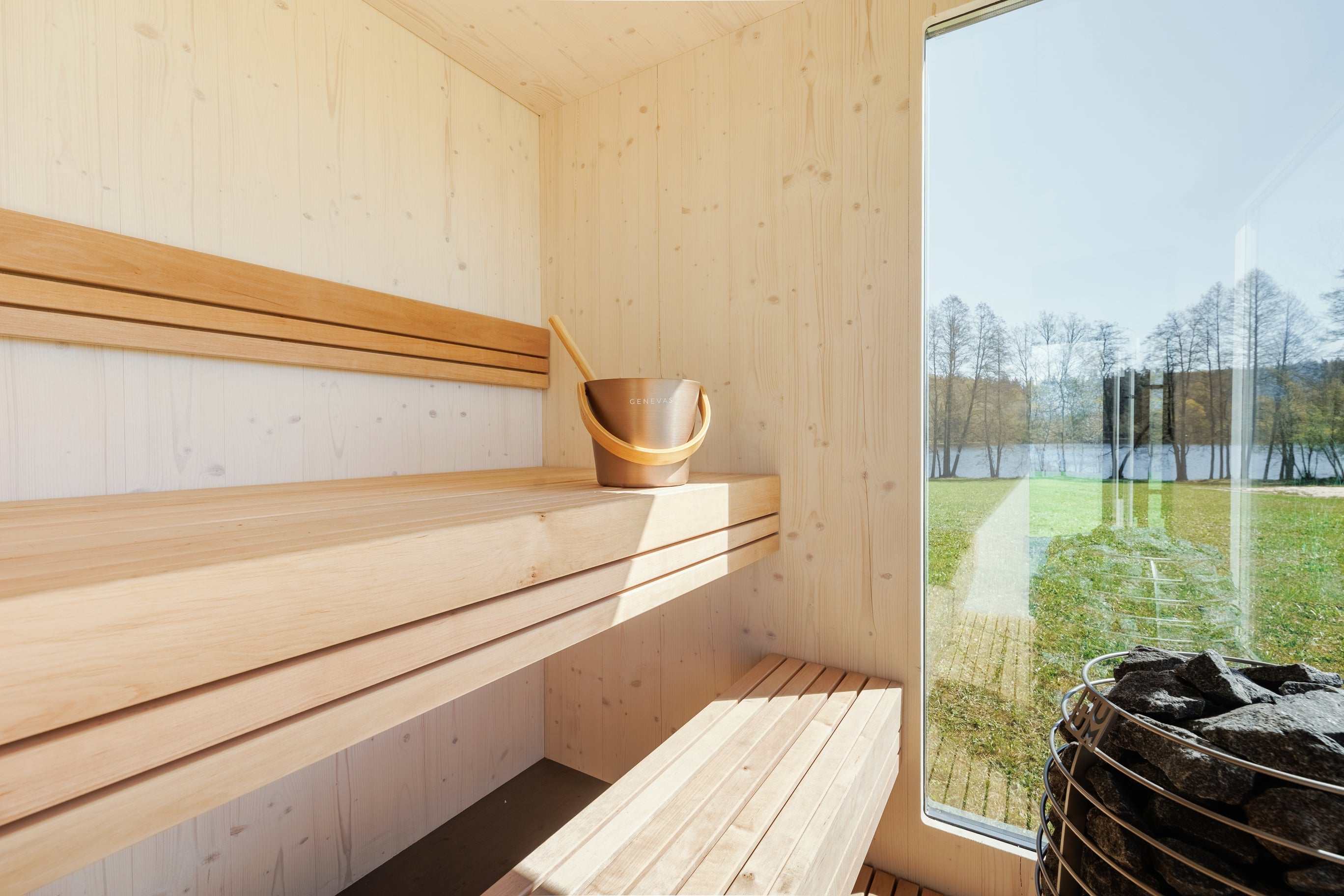Genevas St. Moritz Pre-Assembled Outdoor Sauna with Lounge & Shower Cabin
