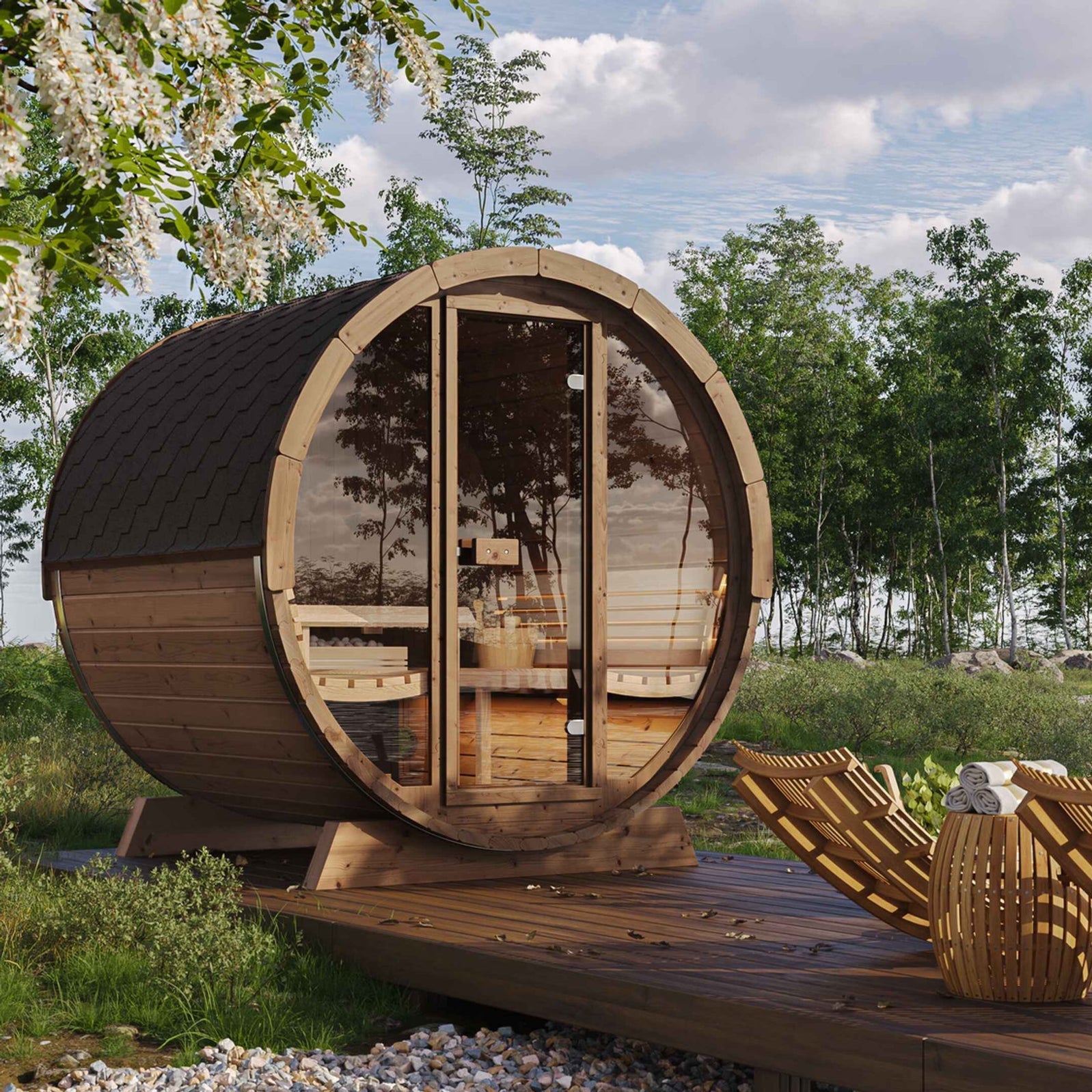SaunaLife Model E7G 4 Person Barrel Sauna w/ Glass Front